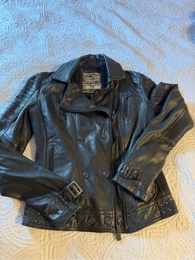 Affliction Black Double-Breasted Leather Moto Jacket